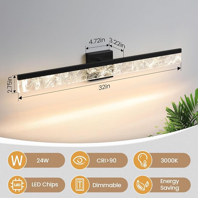 AIJIASI Modern Vanity Lights for Bathroom, 32 Inch Black Bathroom Light Fixtures Over Mirror, 24W Dimmable LED Vanity Lighting Fixtures for Bath Mirror Restroom Bedroom 3000K