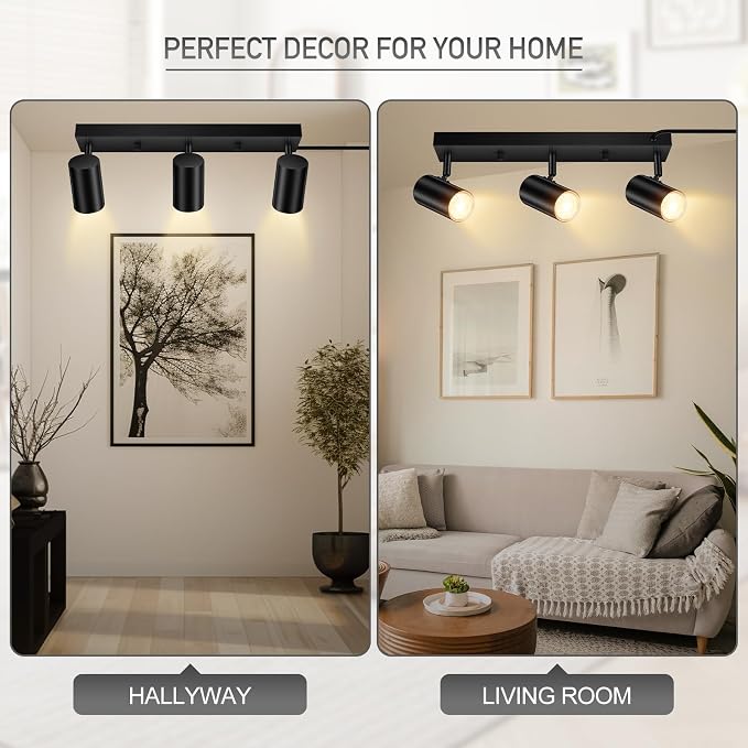 LED Track Lighting Ceiling Fixtures, Black 3-Light Plug in Track Lights for Kitchen, 3 Way Ceiling Spotlight, 15 FT Cord,Flexibly Rotatable Wall Mount Light Head for Bedroom Hallway