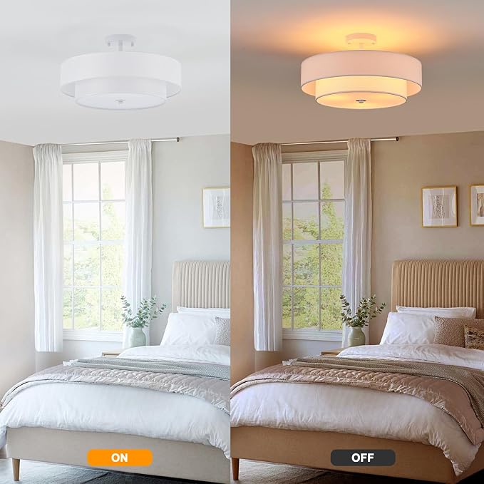 18" White Semi Flush Mount Ceiling Light, Linen 3-Light Fixture | White Linen Double Drum Shade, Modern Style For Bedroom,Hallway, Kitchen And Laundry; Close-To-Ceiling, E26, Easy Install