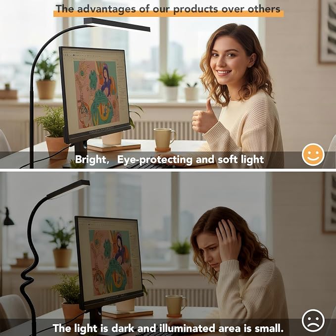 LED Desk Lamp with clamp, Remote Control Desk Lamp, 5 Color Modes & 10 Brightness Levels, 17'' Wide Light Bar, Eye Caring Gooseneck Desk Light, Adapter Included