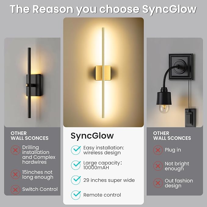 10000mAh Battery Operated Wall Sconces Set of 2, Gold, 29 Inch, 3CCT | Renter Friendly, Rechargeable Wall Lights, Remote Control, 360° Rotate, Dimmable, LED Cordless Lights for Bedroom Living Room
