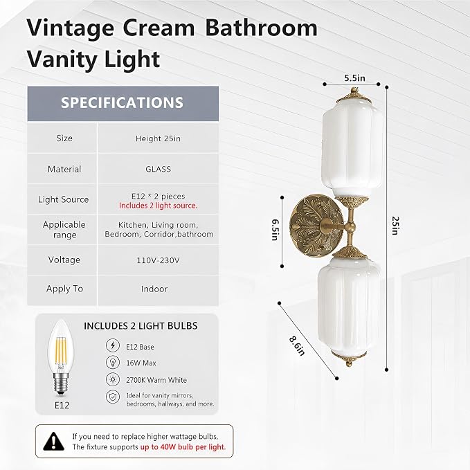 Milk Glass Bathroom Vanity Light - 2-Light Wall Sconce with Brass Finish Base & Green Glass Shade - Wall Sconce Lighting for Mirror, Kitchen, Living Room (White Glass with Gold Metal Accents)