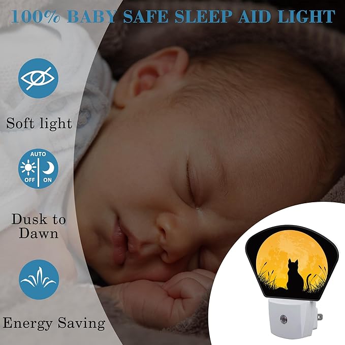 Cat Sitting in Grass Field Night Light for Kids Girls Boys, Full Moon LED Night Light Plug into Wall with Dusk to Dawn Sensor for Bedroom, Hallway, Kitchen, Bathroom, Stairs Decor