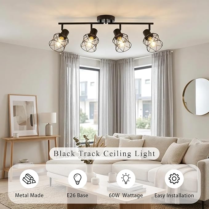 SOTTAE 4-Light Track Ceiling Light, Black Metal Birdcage Semi Flush Mount Ceiling Light, Adjustable Multi-Directional Spot Light, Farmhouse Ceiling Lamp for Living Room Kitchen Dining Bedroom Hallway