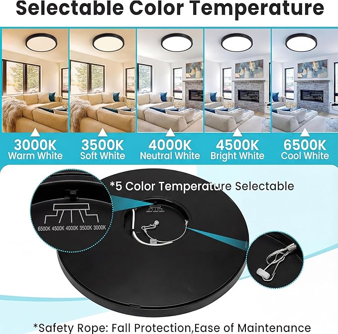 libtit 7 inch Flush Mount LED Ceiling Light Fixture, 3000K-6500K Adjustable, 15W 1500lm Black Satin Round Ceiling Lamp for Bathroom Hallway Kitchen Bedroom, 1 Pack