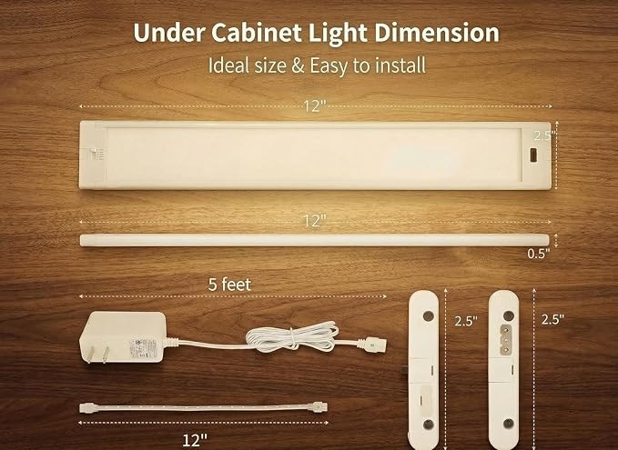 12 Inch Under Cabinet Lights 2 Packs High Brightness Easy Install Plug in, Hand Wave Activated LED Under Counter Lights for Kitchen for Bookshelf 5CCT& Stepless Dimmable Closet Motion Light