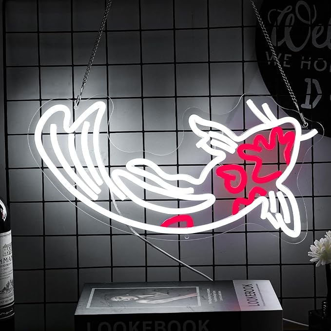 Koi Fish Neon Sign for Wall Decor Koi Carp Neon Light Japanese Fish Led Neon Signs White Red LED Neon Lights Lucky Sign 16.7”x9.3” for Bedroom Hotel Store Decoration