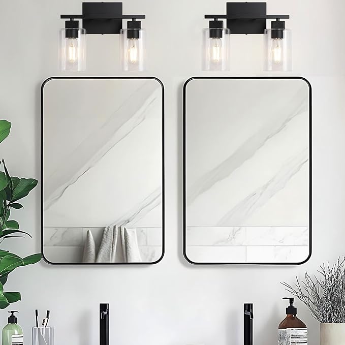 Matte Black 2-Light Bathroom Light Fixtures,Bathroom Vanity Light Over Mirror with Square Clear Glass Shade,Modern Farmhouse Wall Sconces Lighting for Bedroom Living Room Foyer Cabinet