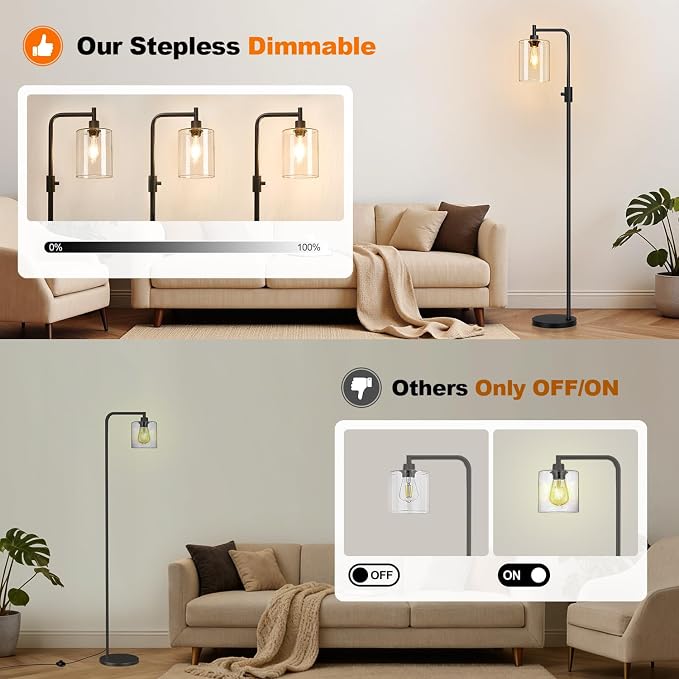 【Upgraded】 Dimmable Floor Lamp for Living Room with Seeded Glass Lampshade, Black Modern Glass Floor Lamp with 900LM LED Bulb Included, Arc Standing Tall Lamp for Bedroom, Office, Reading Room, Corner