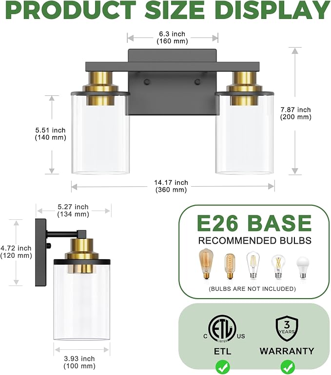 Bathroom Light Fixtures, 2-Light Black and Gold Bathroom Lights Over Mirror with Clear Glass Shade, Vanity Lights for Hallway Bedroom Living Room, ETL Listed | Modern Vanity Lights With Clear Glass Shade, Bathroom Wall Light for Mirror, Kitchen, Living...