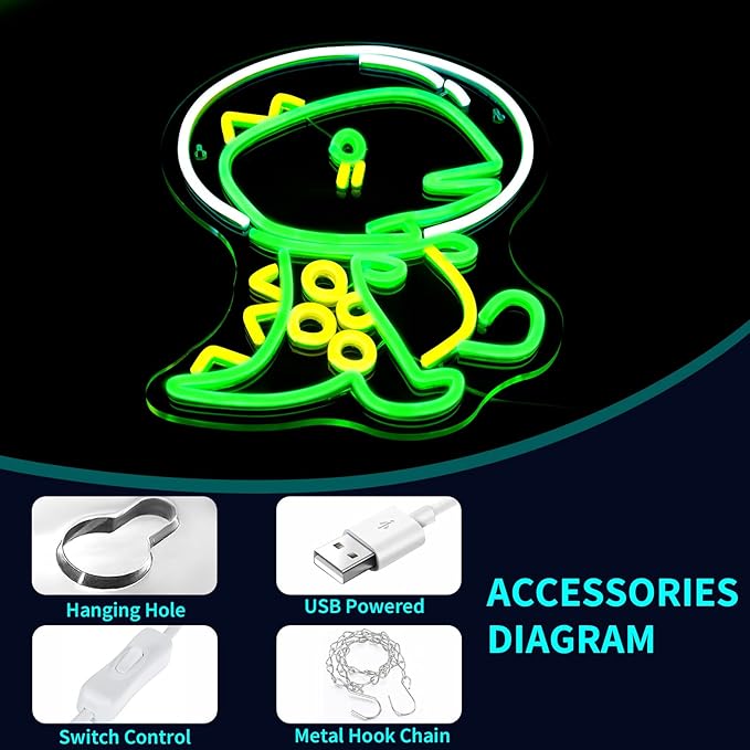Neon Sign - JGHTURIE Dinosaur Neon Signs for Wall Decor, Dinosaur Green Light up LED Sign for Room Decor, Bedroom, Bar, Man Cave, USB Powered