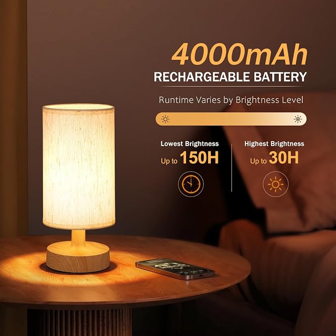Kakanuo Cordless Table Lamp Rechargeable Small - 1 Pack Beige Wood, 4000mAh Battery Operated Lamp with Touch Control Stepless Dimming, Wireless Lamp for Bedside, Nightstand, Bedroom, Living Room