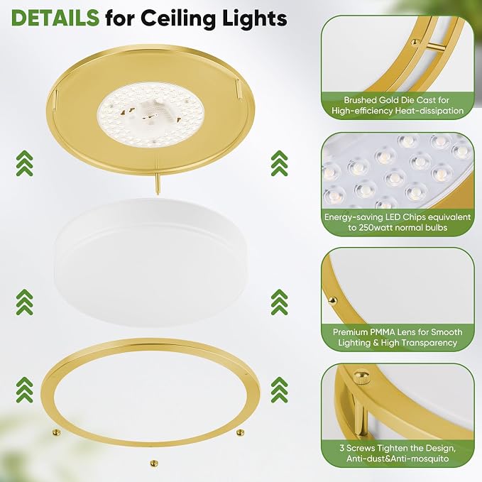 13 Inch Flush Mount Light Fixtures, 2-Pack Gold LED Ceiling Lights with 2700K/3000K/4000K/5000K/6500K 5 Color Temperatures, Modern Round LED Lights for Kitchen Bedroom Bathroom Living Room Closet