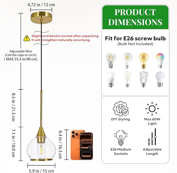 Gold Pendant Light Kitchen Island, 1 Light | Brushed Gold Pendant Light Fixture, Glass Globe Hanging Light, Adjustable Height for Kitchen Island, Dining Room & Bar