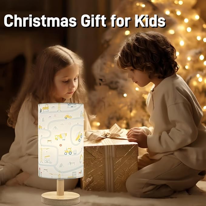Kids Desk Lamp for Bedroom Boy,Reading Car Lamp,3-Way Dimmable Bedside Night Light with Cartoon Pattern Printed Shade and Wood Base for Kids Room Nursery Living Room Decor,Car Gift for Boys
