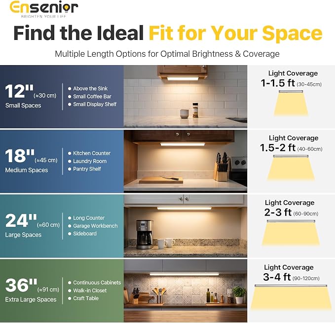 Ensenior Plug in or Hardwired Under Cabinet Lighting, 36 Inch 18W, 2 Pack | Heat-dissipating Aluminum, Built-in Switch & 4-Level Dimmer, 5 Colors, 2 Link Options, True-Color CRI90+, Moisture-Proof, FCC
