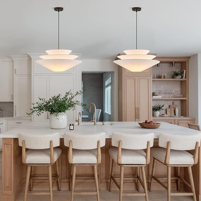 24” Large Off White Linen Fabric Pendant Light 3-Layer Modern Chandelier Adjustable Industrial Pendant Lighting Fixtures for Kitchen Island Dining Room Entryway, UL Listed