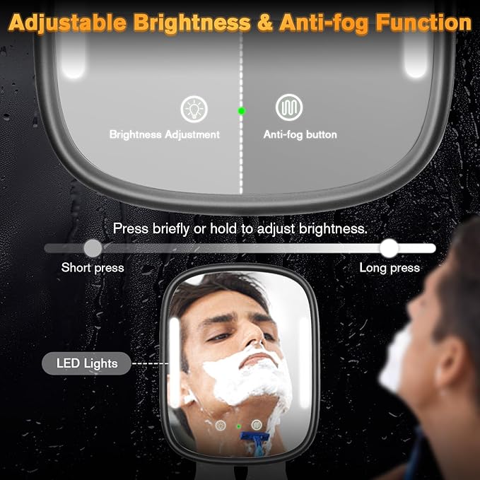 Anti-Fog Shower Mirror for Shaving - Rechargeable Lighted Fogless Mirror with Adjustable, Heated Bathroom Mirror with 2 Razor Hooks & 4 Adhesive Wall Mounts, Grooming Gift for Men (Black)