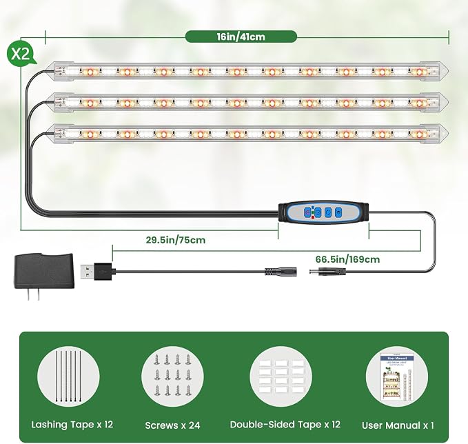 Kullsinss 16in Grow Lights for Indoor Plants, 3-Bar 180 LEDs Full Spectrum | 5000K 15W Plant Light Strips for Indoor Growing, Seedling, Plant Lamp with 6/12/16H Auto Timer, 5 Dimmable Levels (2-Pack)