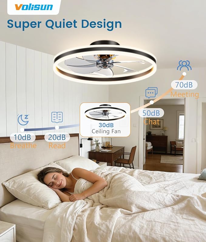 VOLISUN Low Profile Ceiling Fans with Lights and Remote, 27.6in Flush Mount Ceiling Fans with Light, 3000K-6500K Dimmable Fandelier LED Fan Light, Black Bladeless Ceiling Fans with Lights for Bedroom