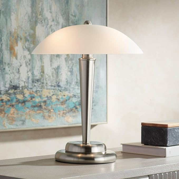 Deco Dome 17" Small Table Lamp Touch On-Off Accent Brushed Nickel | Frosted White Glass Modern Living Room Bedroom House Bedside Nightstand Home Office Reading Family
