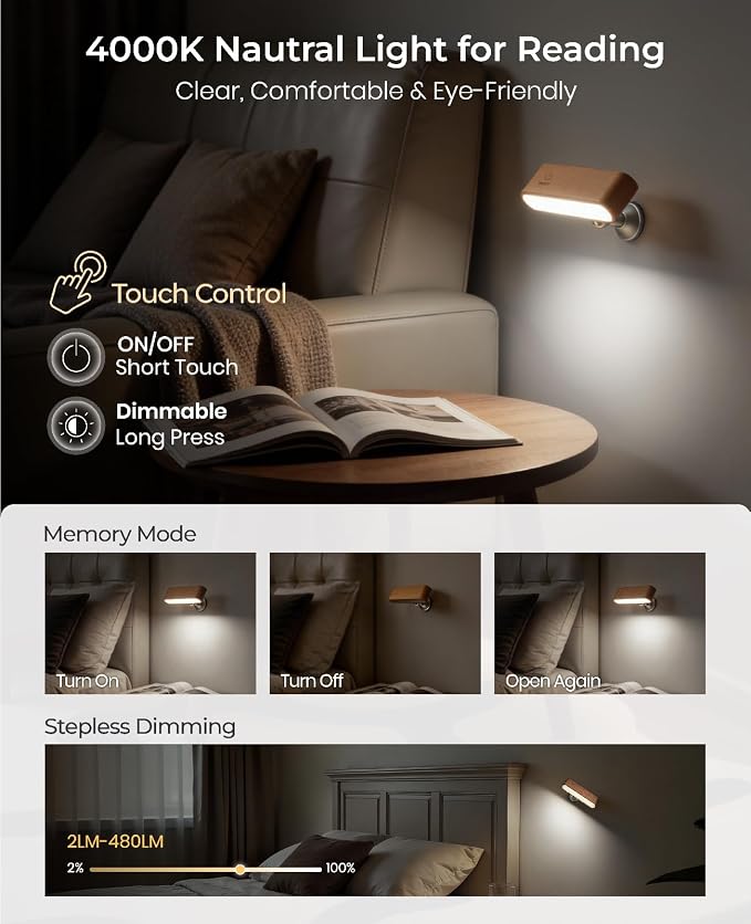 Wood Wall Sconce, Rechargeable Reading Light, Magnetic Bedside Lamp | Bedside Reading, 360° Rotation, Stepless Dimming, 4000K Natural Light, Magnetic Installation for Bedroom Wall Lamps