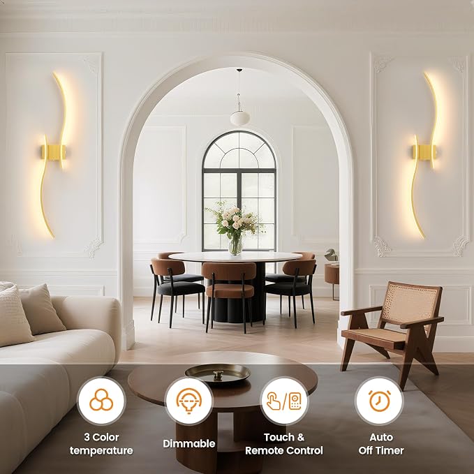 VOLISUN Battery Operated Wall Sconces Set of Two, 39.4 inch Wireless Wall Sconces, 3000K-6500K Dimmable Wall Lamps with Remote, Rechargeable Gold Wall Lights for Living Room, Hallway, Bedroom