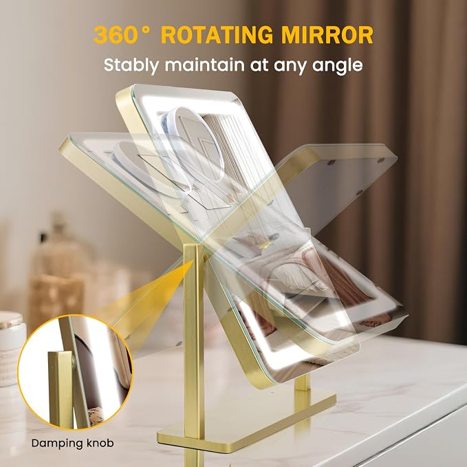 Rechargeable Vanity Mirror with Lights, 3000mAH Battery, 15"×12.2" LED Makeup Mirror, 10X Magnification, Smart Touch with 3-Color Lighting, 360° Rotation, Lighted Up for Makeup Desk, Bedroom (Gold)