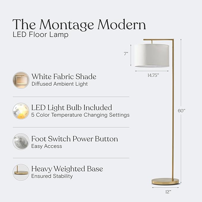 Brightech Montage Modern Floor Lamp - LED Standing Lamp with Adjustable Color Changing Bulbs for Living Rooms & Offices - Tall Corner Bedroom Reading Light for Contemporary Home Decor - Antique Brass