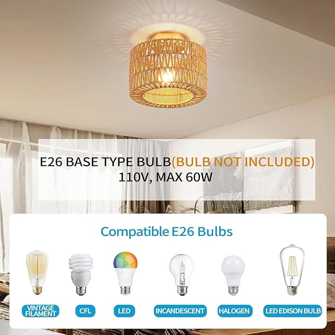 Rattan Ceiling Light, Gold Semi Flush Mount Ceiling Light, Boho Light Fixture for Bedroom Entryway Hallway, 1 Light