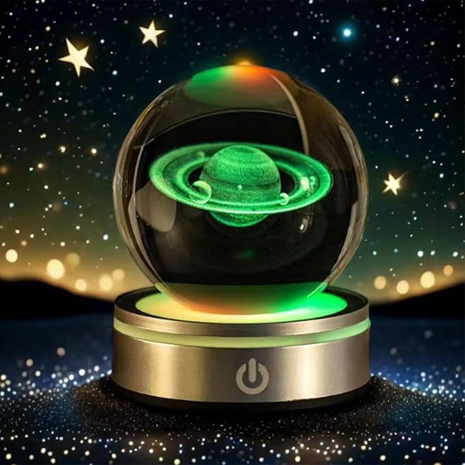 3D Laser Engraved Saturn Crystal Ball with LED Stand, 80mm Glass Sphere Lamp Night Light, Space Galaxy Planet Decor Gifts