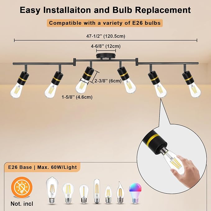 HiBay 6-Light Track Lighting, Rotatable Ceiling Spotlight, Black Gold, E26 | 6 heads for a living room or open space, adjustable black-gold design aims light where needed, E26 base for your own bulbs