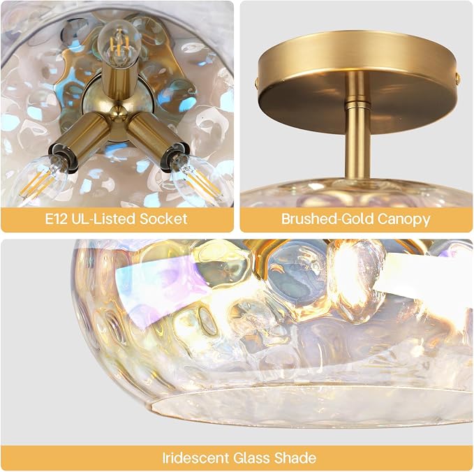 12" Vintage Rainbow Glass Ceiling Light, Mid Century 3-Light Semi Flush Mount Fixture, Modern Hammered Gold Lighting for Girls Bedroom, Hallway, Kitchen, Living Room