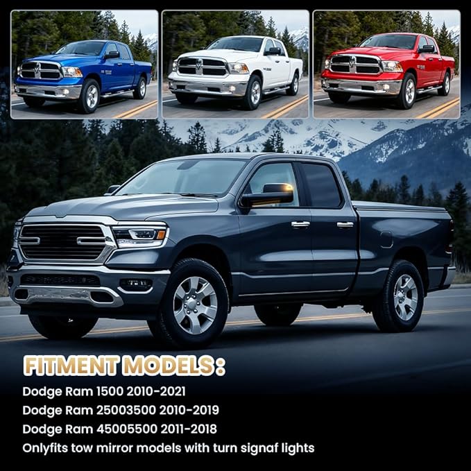 D-Lumina LED Side Mirror Turn Signal Lights Clear Lens for 2010-2018 Dodge RAM 1500 2500 3500 4500 5500 Towing Mirror Lamps, Rear View Signal Mirror Lights Replace 68302828AA 68302829AA, Pack of 2