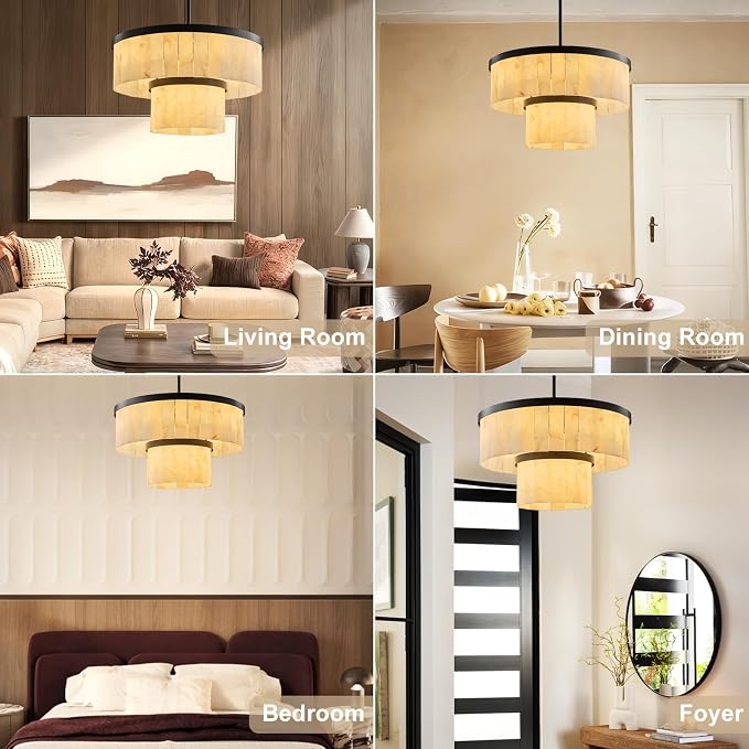 Alabaster Chandelier 2-Tier D24 Round Chandeliers, Modern Dining Room Chandelier Marble Pendant Light Farmhouse for Living Room, Bedroom, Foyer, Kitchen, Entryway Black(Include Bulbs)