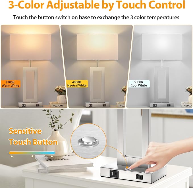 22’’ Touch Control Table Lamps Set of 2, 3 Color Temperatures Bedroom Bedside Lamps, Modern Silver Dimmable Lamps with USB Ports & AC Outlet, Tall Living Room Lamps for Nightstand End Table, 2 Bulbs