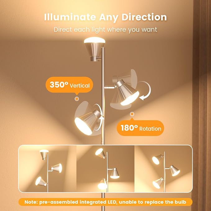 36W LED Tree Floor Lamp, Dimmable Tall Standing Lamp with Remote & Touch Control, 4 Color Temperatures Bright Floor Lamp, 3 Rotatable Light Modern Floor Lamps for Living Room Bedroom Office