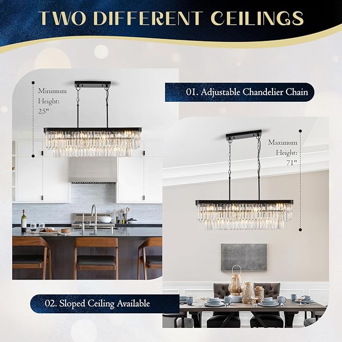 Modern Rectangular Crystal Chandeliers for Dining Room 11 Lights L33.5” Black Rectangle Chandelier Luxury K9 Crystal Ceiling Pendant Light Fixture for Kitchen Island Bar