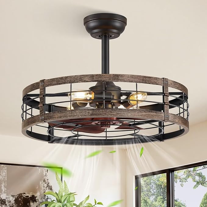 LEDIARY 22 inch Caged Fandelier Ceiling Fan Light with Remote, Black Gold | 6 Speed Adjustable,Timing, Quiet & Powerful DC, Large, Farmhouse, Industrial, Enclosed, Bladeless, Bedroom, Kitchen, Downrod