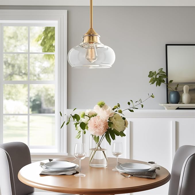 Kira Home Harlow 9" Modern Schoolhouse Pendant Light for Ktichen Island | Clear Glass Shade, Industrial Farmhouse Hanging Fixture, Premium Warm Brass Finish