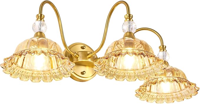 Mid Century Bathroom Light Fixtures 3 Lights Brushed Gold Vanity Lights for Bathroom with Floral Amber Crystal Glass Shade Bathroom Vanity Lighting Fixtures Over Mirror for Bedroom Living Room Hallway