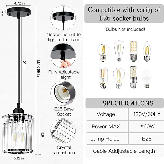 Black Pendant Lights for Kitchen Island, Elegant Modern Island Lights for Kitchen with Crystal Glass – Luxury 2 Pack Pendant Lights for Kitchen Island, Dining Table, Entryway, Restaurant