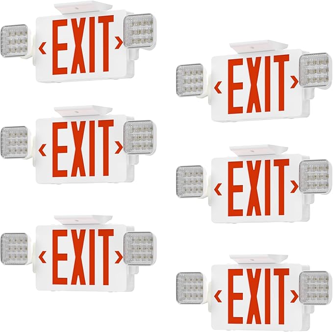 Exit Signs with Emergency Lights, Adjustable Double Head - Hardwired with Battery Backup for Business, AC 120-277V, UL924 & ETL Certified, Wall/Ceiling Mount 6-Pack