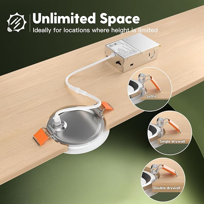 FREELICHT 24 Pack 4 Inch LED Recessed Light with Junction Box, 5CCT, 700LM | 10W, 2700K-5000K Selectable, 5%-100% Dimmable, 120V, White, Ultra-Thin Canless Wafer Downlight, ETL, FCC, IC & Damp Rated