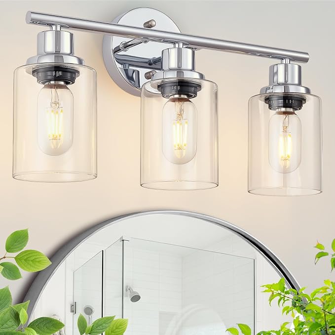 3-Light Bathroom Light Fixtures, Modern Chrome Vanity Lights for Bathroom with Clear Glass Shade, Wall Lamps for Mirror Hallway Kitchen Cabinet Living Room Sconces Lights