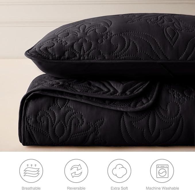 Whale Flotilla Cal King Quilt Set Vintage Damask Reversible Bedspread | Suitable for Bed, 3 Pieces Black Lightweight Breathable Oversized Quilts, Ultrasonic Coverlet Bed Cover with 2 Pillow Shams