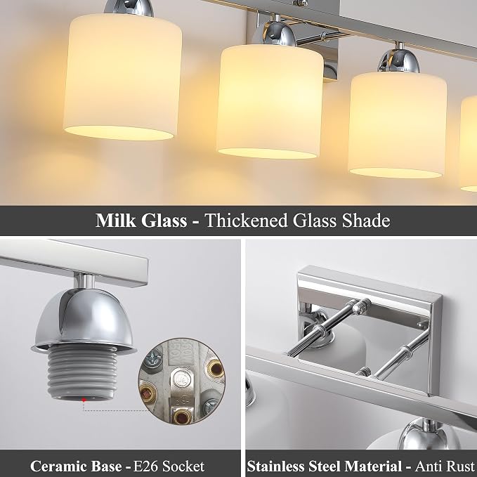 Mecgirn Stainless Steel Milk Glass Vanity Lights for Bathroom, 4 Light Chrome Bathroom Light Fixtures Over Mirror, Ceramic E26 Sockets Wall Mounted