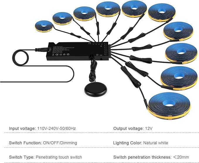 Black Cabinet Light COB LED Strip Lights | 10 pack penetrable touch dimmable ideal for display cabinet and wine rack decorative lighting (Natural White, 6.6ft / 2M)