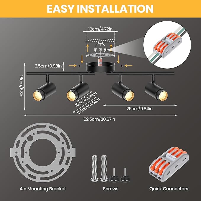 5-Color Zoomable 4 Light Track Lighting Fixtures Ceiling for Kitchen, Dimmable LED Track Lighting Kit, Ceiling Spotlight Flush Mount Adjustable Directional Spot Lights Indoor, CRI90 30W, Black