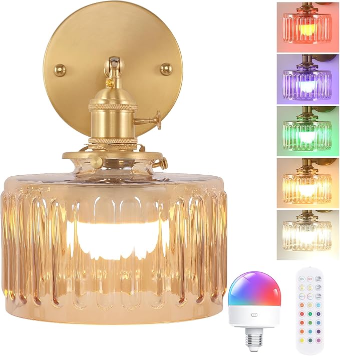 Shenmoyl Vintage Battery Operated Wall Sconce with Amber Striped Glass Lampshade 5000 mAh Rechargeable Battery Powered Wall Light with Remote Control for Bedside Bedroom Doorway